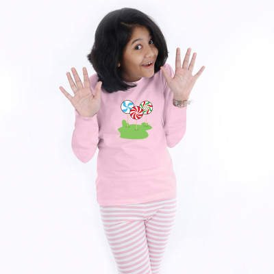 Pink Full Sleeve Girls Pyjama - Candy Stick